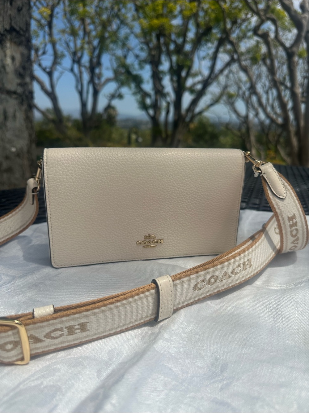 Coach Chalk Pebbled Leather Crossbody with Logo Canvas Strap